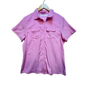 Cabelas Athletic Top Womens Large Pink Fishing Shirt Outdoors Short Sleeve Check